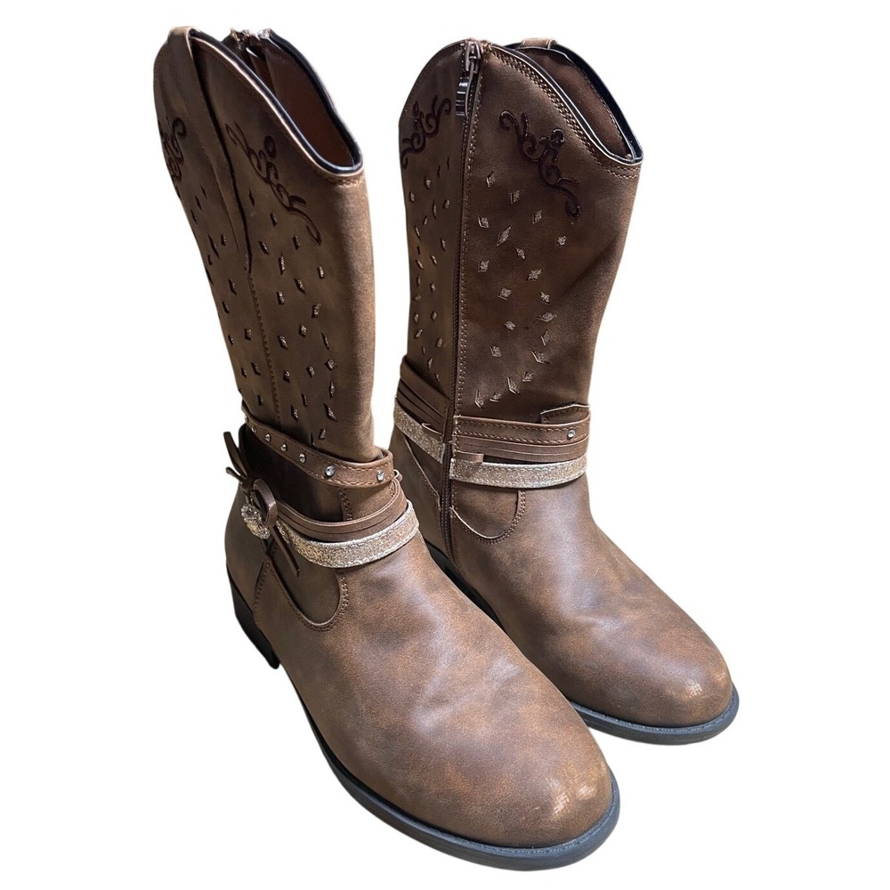 Rodeo Rossi Brown‎ Faux Leather Embellished Western Cowboy Boots Women's 4M